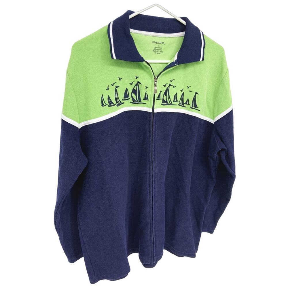 BonWorth Vintage Sweater Casual Full Zip Nautical Boats Size XL